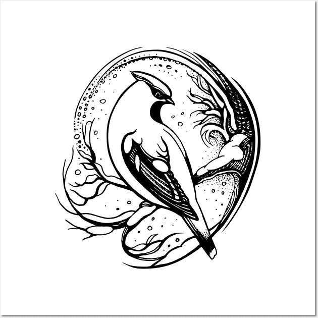 Waxwing, beautiful bird. Ink illustration Wall Art by Yulla